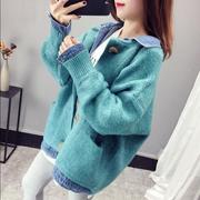 2019 mới mùa xuân đan giả denim hai mảnh khâu túi phụ nữ cardigan của lỏng lười biếng áo khoác áo len dài tay