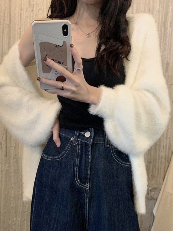 Sweater Jacket for Women 2024 Autumn Plush Sweet Korean Style Design Niche Mink Velvet White Knitted Cardigan
