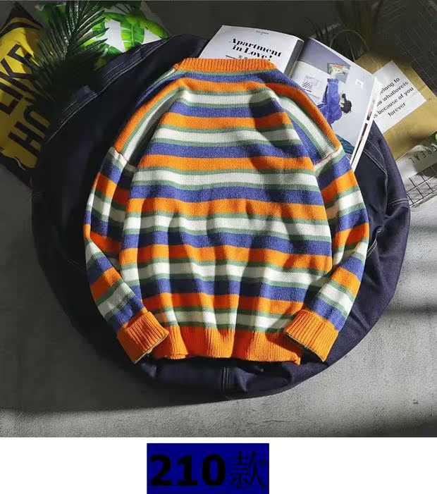 Phiên bản Hàn Quốc của áo len oversize màu tương phản retro lỏng lẻo sọc cầu vồng đôi màu đỏ lưới siêu lửa áo len rộng