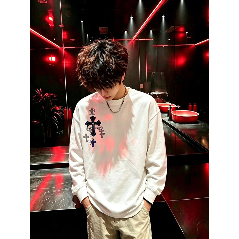 American High Street Cross Letter Heavyweight Pure Cotton Long-Sleeve T-Shirt for Men, Autumn National Trend Brand Youth Inner Wear Top American High Street Cross Letter Heavyweight Pure Cotton Long-Sleeve T-Shirt for Men, Autumn National Trend Brand Youth Inner Wear Top