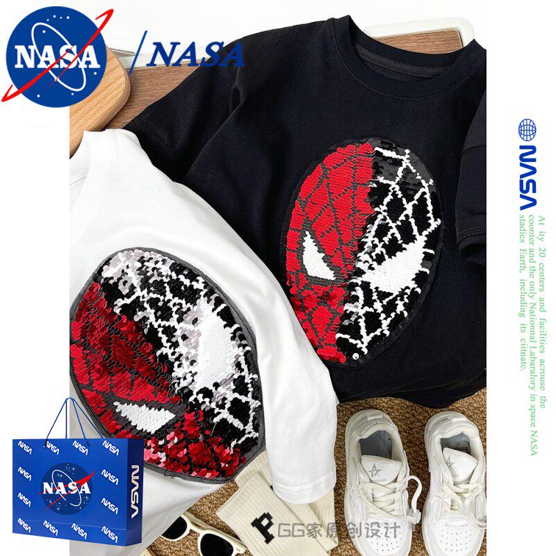 男の子用スパイダーマン スパンコール T シャツ、アイアンマン スタイル、子供用両面スパンコール フリップアップ 色が変わる 顔が変わる 純綿服、トレンディ。