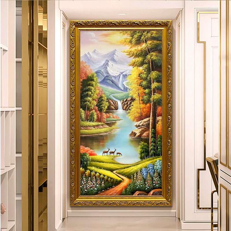 Hand-painted oil painting European-style landscape decorative painting living room porch landscape corridor aisle cornucopia mural vertical version hanging painting