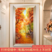 Pure hand-painted European-style landscape oil painting entrance decoration painting vertical corridor aisle Golden Avenue deer custom hanging painting