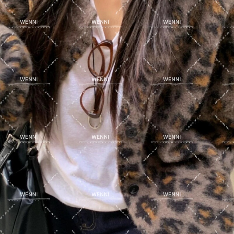 Wenni [Leopard Print Cardigan] Autumn and Winter American Retro Lazy Style Leopard Print Soft Knit Cardigan