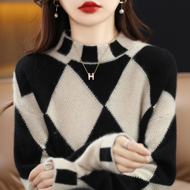 Autumn and Winter New Style High-End Contrasting Color Diamond Pattern Knitwear Women's Half Turtleneck Long-Sleeved Knitwear Loose Blended Knitwear