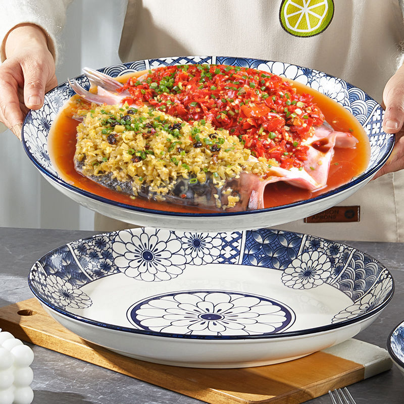 Blue and White Porcelain with Thick Underglaze Color, Microwaveable Large Plate, Deep Plate for Chopping Chili and Fish Head, Round Plate for Serving Dishes