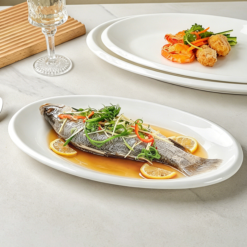 Durable Thick-Edged Pure White Oval Plate for Home Use, Steamed Fish Plate, Hotel Commercial Use, Thickened White Porcelain Cold Dish Presentation Plate
