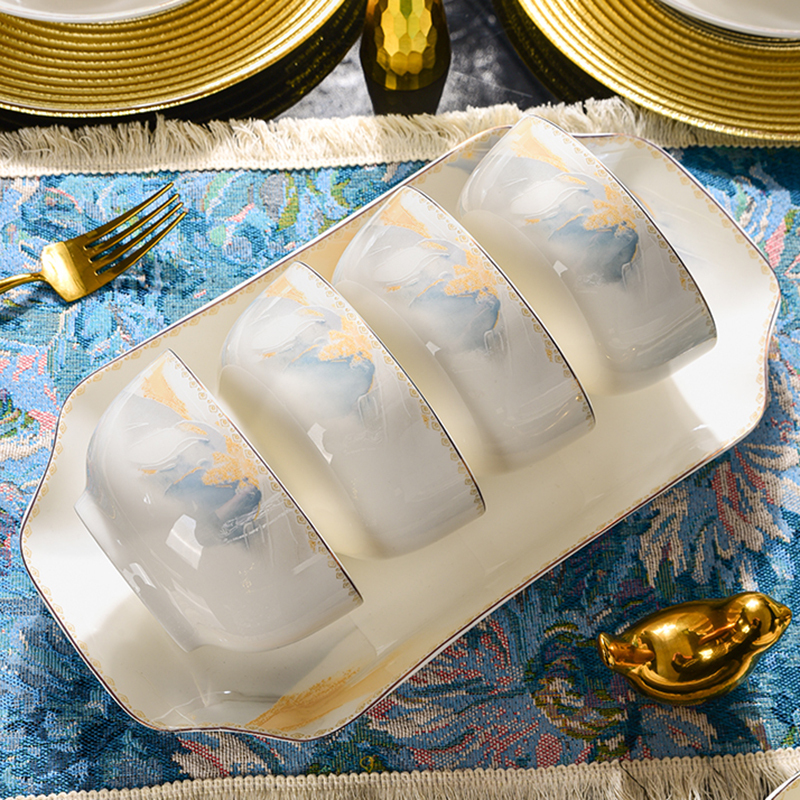 New Pure Luxury Ceramic Bowl with Gold Rim and Painted Design, Household Tableware Set, High-End Bowl and Plate Combination, One-Piece Molding, Thickened New Pure Luxury Ceramic Bowl with Gold Rim and Painted Design, Household Tableware Set, High-End Bowl and Plate Combination, One-Piece Molding, Thickened