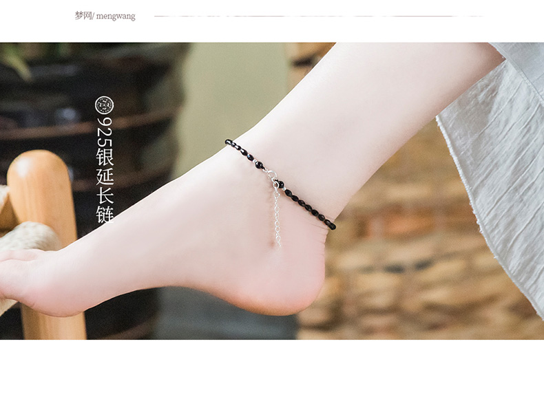 Vòng chân mã não đen nữ 925 bạc mơ bắt bạn gái sinh viên rừng hoang retro quốc gia chuỗi chân gió lắc chân nữ titan