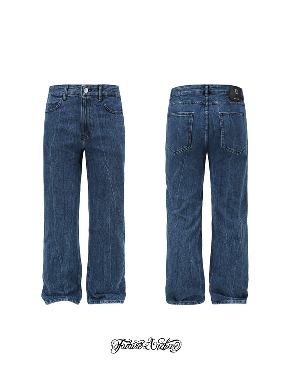 [Clearance] Solidhomme Blue Washed Jeans with Vintage Vertical Stripes, Cleanfit Style, Loose-Fitting Long Pants