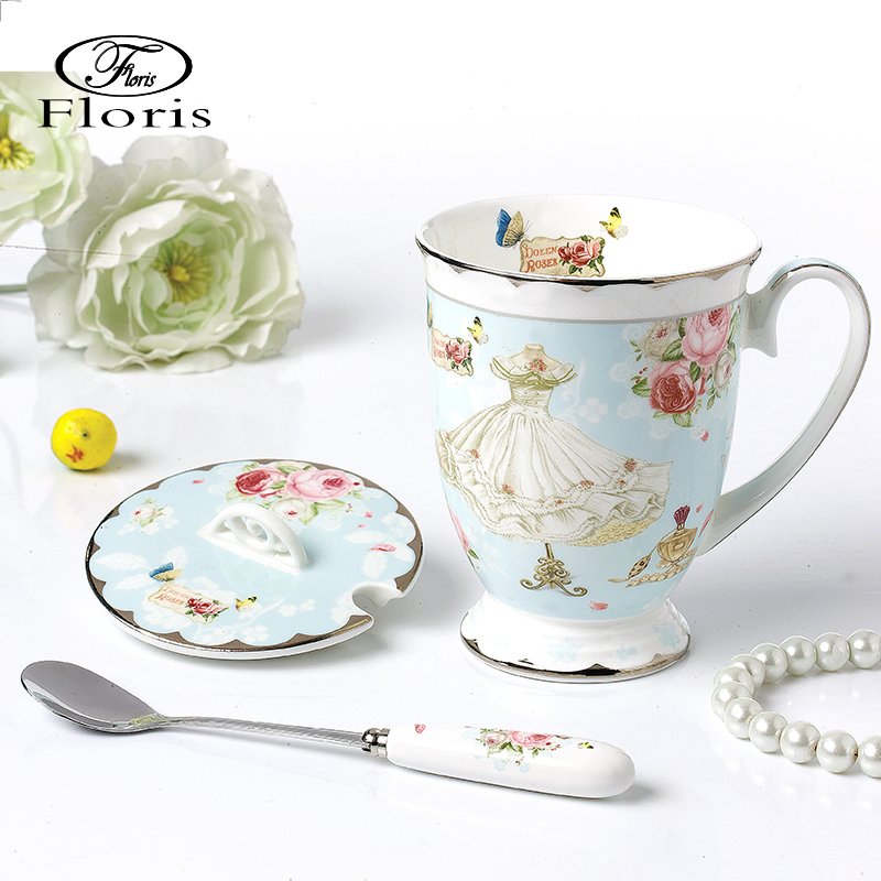 Office ins Mark cup Ceramic Eurostyle Cute Bone Porcelain Breakfast Coffee Cup Water Glass With Lid Spoon Tea Cup Woman