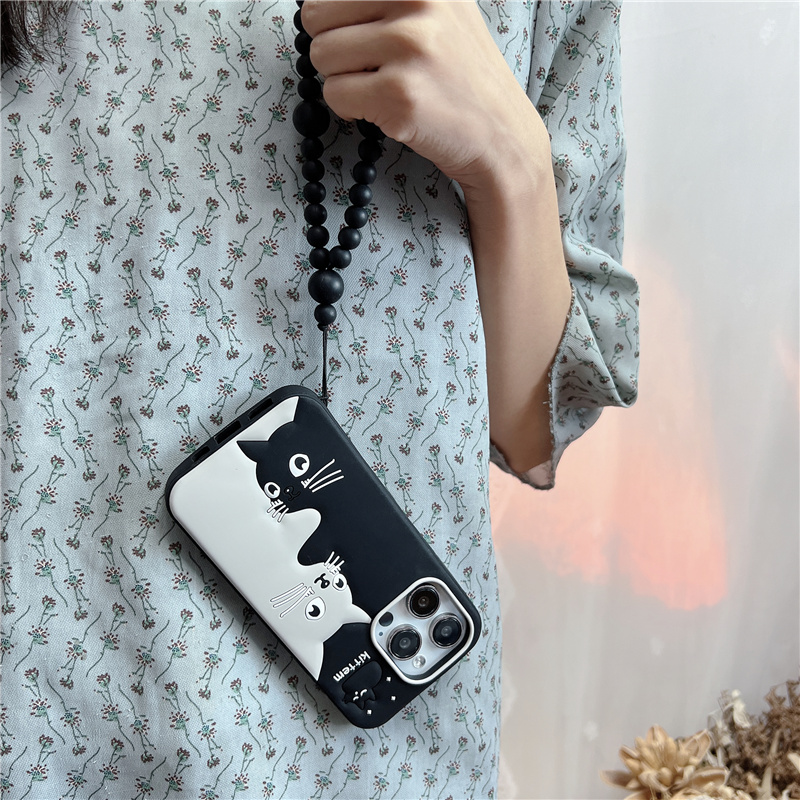 Braccialetto con perline a forma di gatto con cartoni animati, adatto per iPhone 14 Promax, custodia per telefono 15 Plus, custodia in silicone elastica appesa_voghion.com