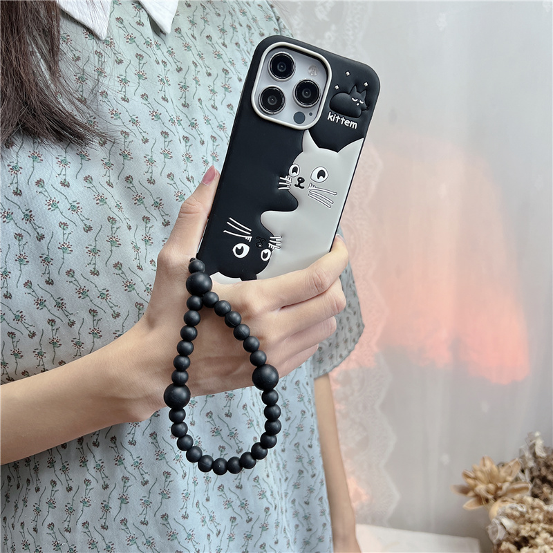 Braccialetto con perline a forma di gatto con cartoni animati, adatto per iPhone 14 Promax, custodia per telefono 15 Plus, custodia in silicone elastica appesa_voghion.com