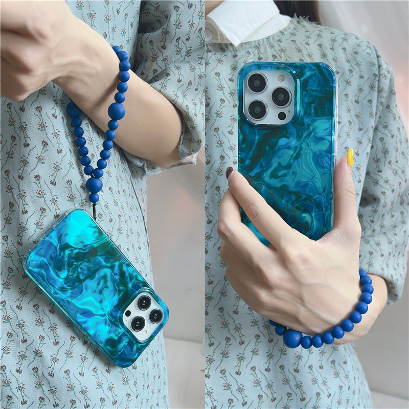 Bracelet à ondulations d'eau bleue de qualité supérieure Ins adapté à l'iPhone 14 Promax Creative 15 Perte de corde suspendue à la main 13 Pro_voghion.com