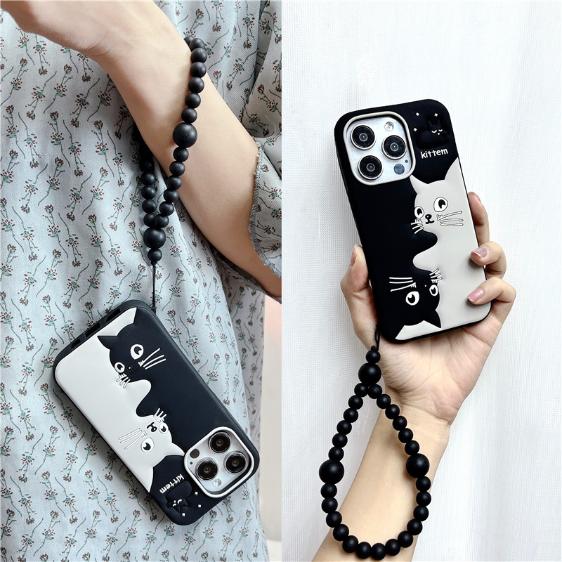 Braccialetto con perline a forma di gatto con cartoni animati, adatto per iPhone 14 Promax, custodia per telefono 15 Plus, custodia in silicone elastica appesa_voghion.com