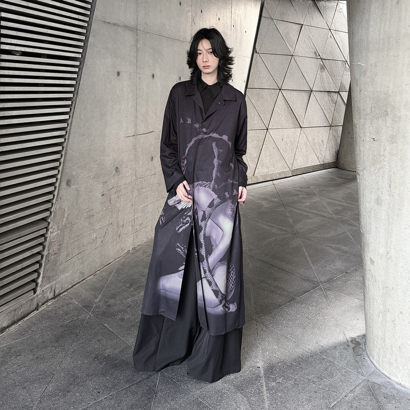 Blackpoet Visual Style Long Shirt with Snake Girl Print, Dark Style Retro Shirt, Unisex
