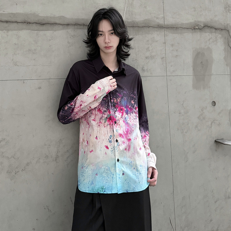 Blackpoet Design-Inspired Plant and Flower Gradient Print Shirt, Unisex, High-End Shirt