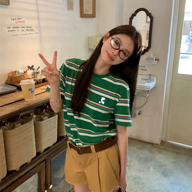 Korean Restandrecreation Green Striped Short-Sleeved T-Shirt for Women, New Summer Casual Slimming Top