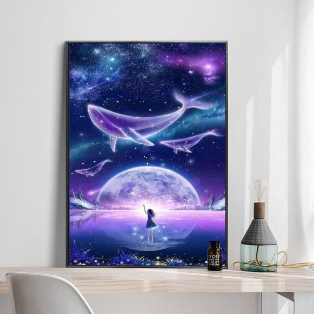 Framed Whale Girl Handmade Diamond Painting 2024 New Living Room Cross Stitch Cartoon Diamond Embroidery Sticker Diamond Brick Painting