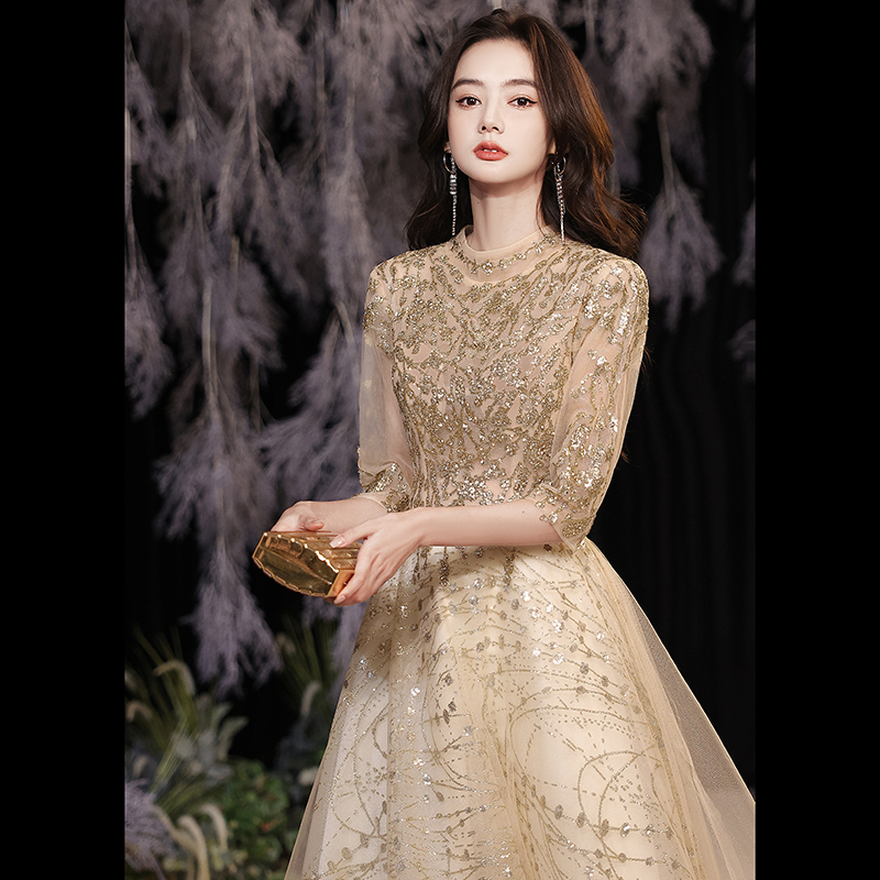 Evening Dress Host Light Luxury High-End Niche Elegant Gold Annual Meeting Talent Show Performance Dress for Women