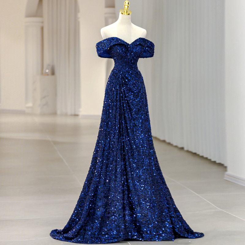 One-Shoulder Evening Dress, High-End Light Luxury Niche 2026 New Style, Sophisticated Feel, Art Exam Host Dress, Blue