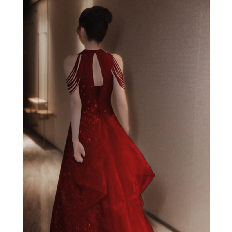 Burgundy Evening Dress, High-End Light Luxury Niche Sequin Toast Dress, 2026 New Bridal Engagement Dress, Red