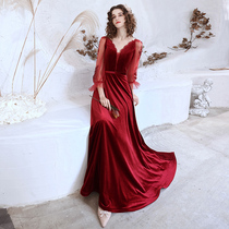 Toasting Bride 2021 New Spring Summer Red Engagement Back Home Evening Dress Womens Temperament Velvet Noble Long