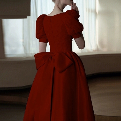 Бордовое цветное летнее вечернее платье с бантиком, V-образный вырез, изысканный стиль