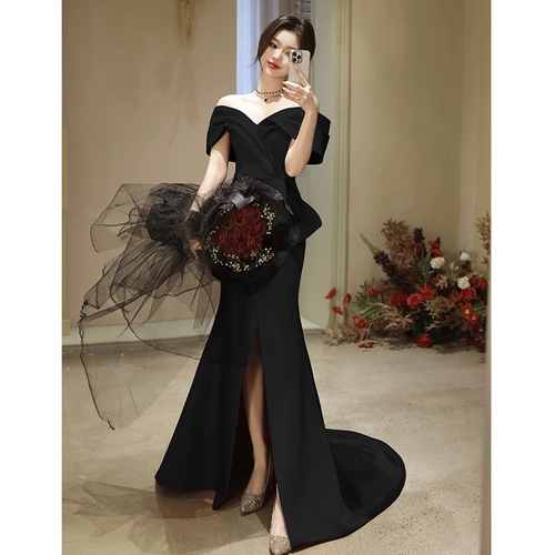 Черное элитное коктейльное банкетное вечернее платье, крой «рыбий хвост»