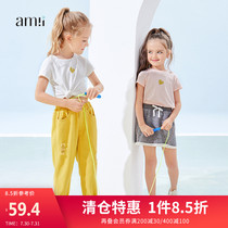 amii childrens clothing girls  t-shirt 2021 summer new large childrens round neck casual short sleeve white base shirt top