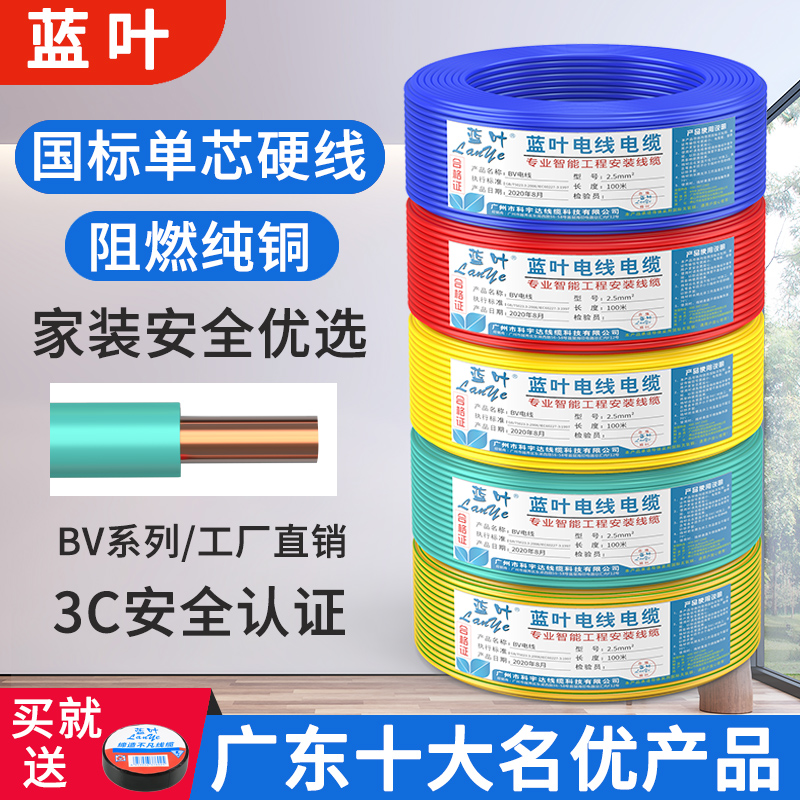 Blue leaf GB pure copper core BV1 0 1 5 2 5 4 6 10 square household wire and cable home decoration single core