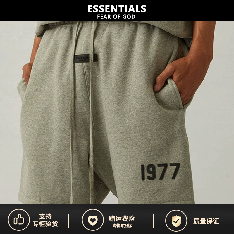 【Supports Inspection】5Zhe Fog Ess Shorts 1977 Flocked Print Fleece-Lined Five-Point Shorts Essentials