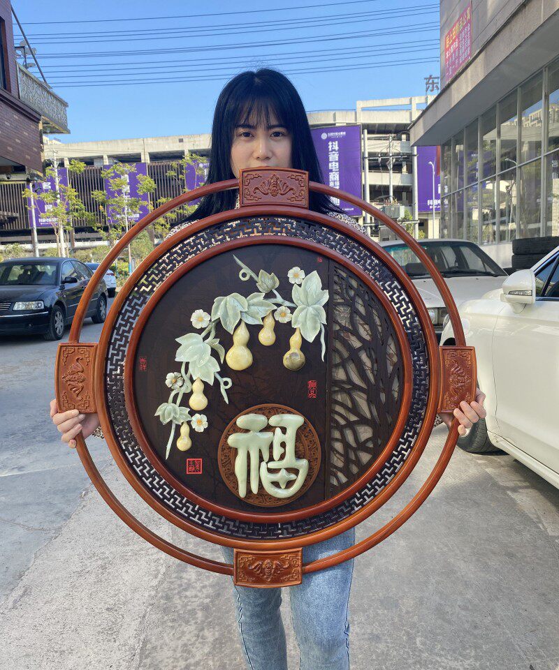 Dongyang wood carving Chinese jade carving piece decorated wall decorated painting diameter 80 living room relief hanging porch