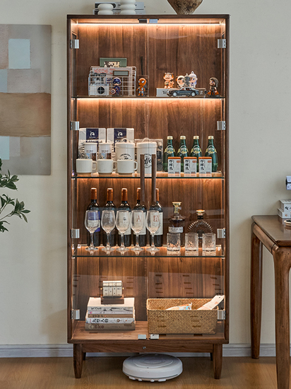 Nordic Solid Wood Wine Cabinet Living Room Wall-Mounted Display Cabinet Modern Simple Black Walnut Glass Door Storage Bookshelf