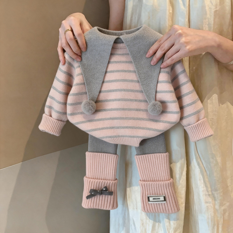 Trendy Girls' Outfit for Autumn and Winter 2026, New Style with Fur Collar, Striped Knit Top, Socks and Leggings Two-Piece Set