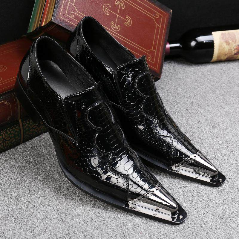 Men Metal Pointed Toe Formal Dress Shoes Snake Pattern Real
