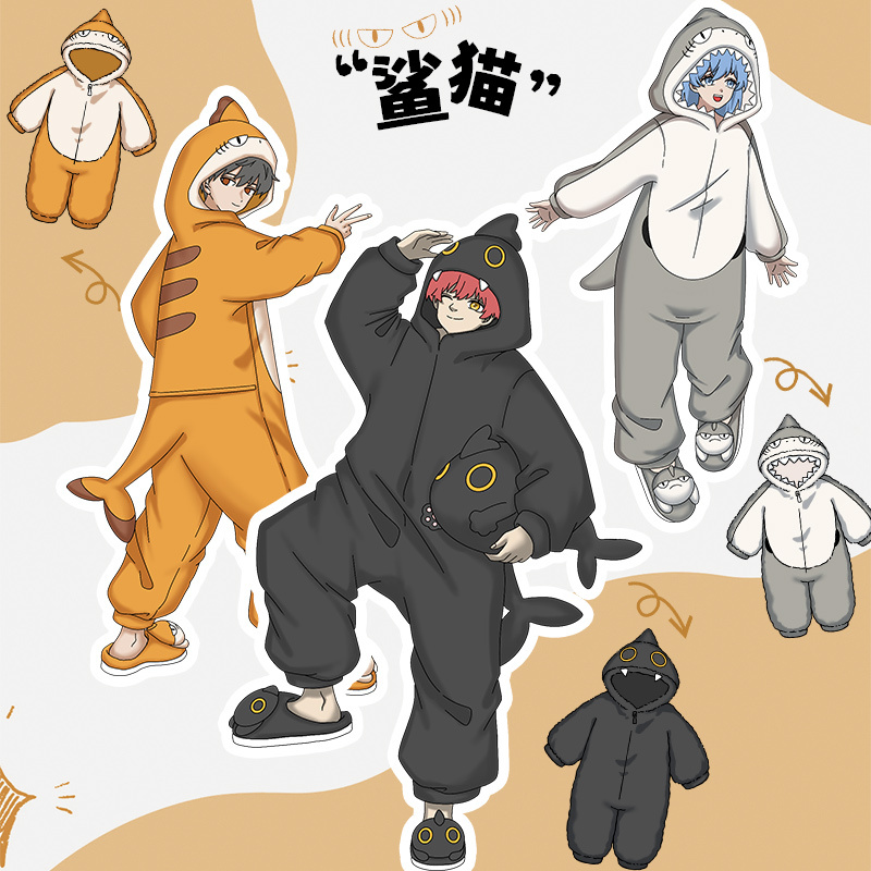 Autumn and Winter Thickened Coral Fleece Quirky Home Wear Shark Cat Fish Anime Cartoon One-Piece Pajamas Couple Set for Men and Women Autumn and Winter Thickened Coral Fleece Quirky Home Wear Shark Cat Fish Anime Cartoon One-Piece Pajamas Couple Set for Men and Women