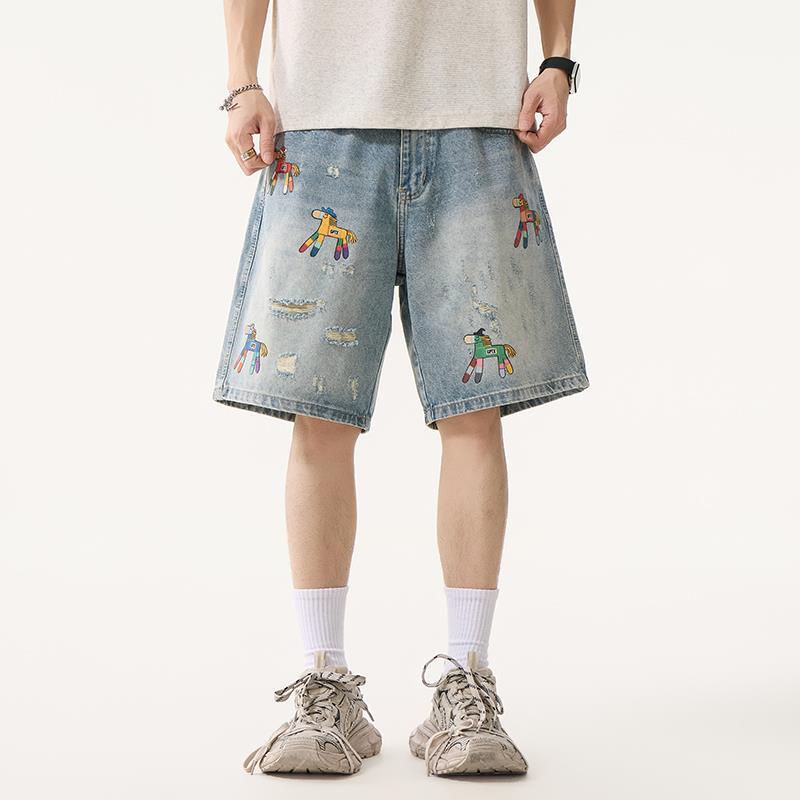 Mus Light Blue Ripped Denim Shorts for Men, Summer Loose Fit, Cool and Stylish Five-Point Pants, Trendy Brand, Fun Pony Mid-Length Shorts