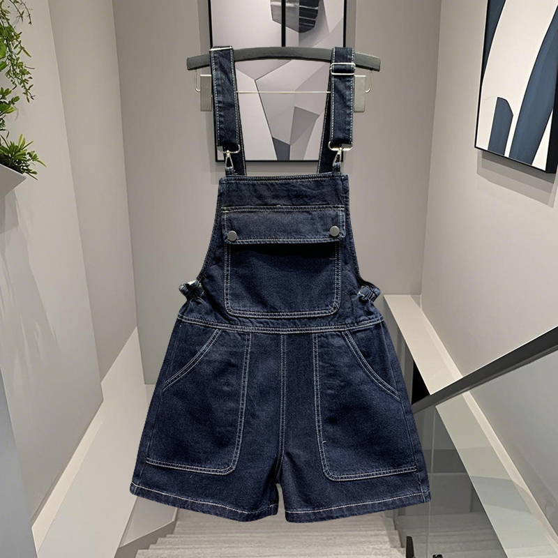 2025 New Summer Style Age-Reducing Flap Pocket Pants Dark Blue Denim Overalls Shorts, Fashionable and Versatile Suspender Jumpsuits