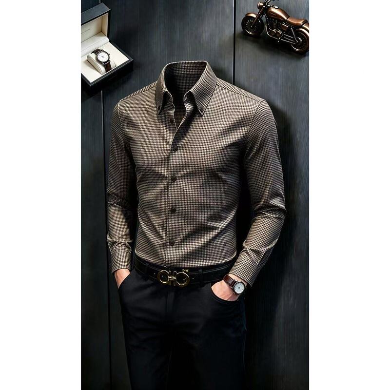 Houndstooth Men's Long-Sleeved Shirt 2026 New Autumn High-End Business Men's Clothing Handsome French-Style Large Collar Shirt Houndstooth Men's Long-Sleeved Shirt 2026 New Autumn High-End Business Men's Clothing Handsome French-Style Large Collar Shirt