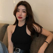 Black I-shaped neck sling vest female summer outside wear sexy short off-shoulder knitted sleeveless top thin