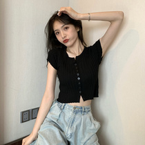 Black umbilical high waist sweater short-sleeved t-shirt female hot girls tight short top summer thin 2021 new