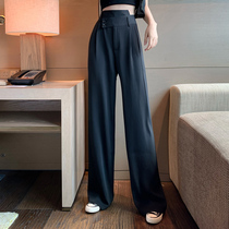 High waist black ice silk wide leg pants womens summer thin high waist suit pants hanging straight tube loose mopping long pants tide
