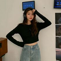 Black base shirt womens long-sleeved t-shirt short slim fit inside sexy tight umbilical top spring 2021 new