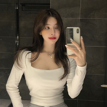 Inner tie base shirt womens summer slim short white t-shirt sexy tight clavicle square collar top 2021 new