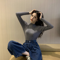 Semi-high-neck base shirt womens summer thin Western style slim-fit knitted top Long-sleeved tight sweater outside the tide