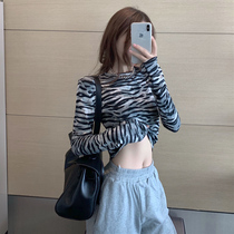 Zebra pattern base shirt womens long-sleeved t-shirt summer with sexy umbilical tight short top 2021 new