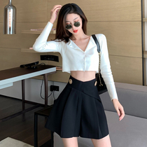 Black suit shorts womens high waist a-shaped wide legs 2021 New straight loose slim casual hot pants summer ins