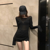 Black long sleeve T-shirt women thin sunscreen slim base shirt irregular split tight shoulder top summer