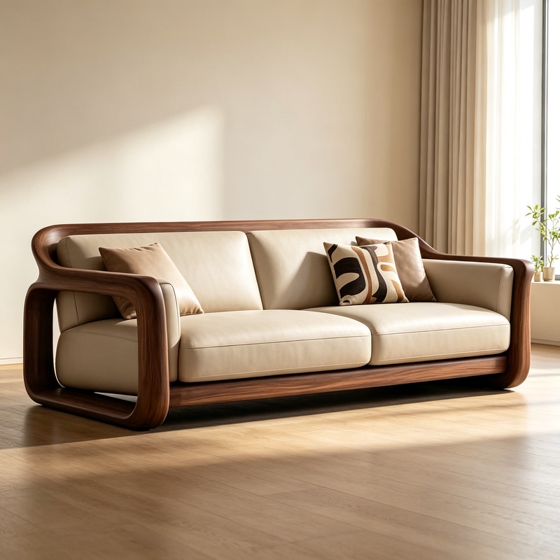 New Chinese-Style Black Walnut Three-Seater Sofa for Living Room, 2026 New Model, High-End Light Luxury Straight-Row Solid Wood Leisure Sofa Chair